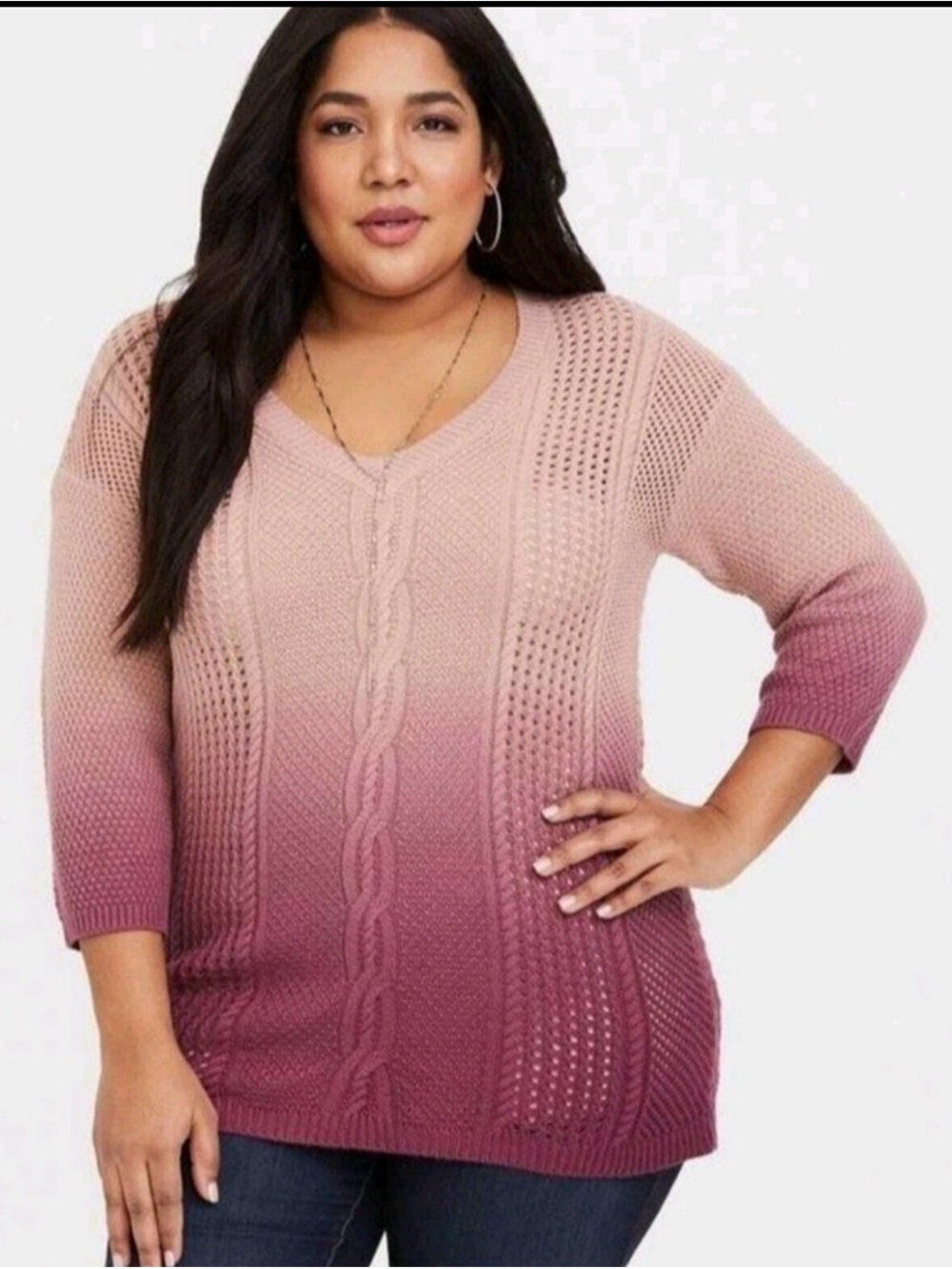 torrid Ombre Cable-Knit V-Neck Sweater in Dusty Rose and Mauve 00